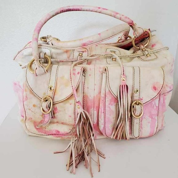 Barneys New York Leather Purse Handbag Orange pink ivory white tie dye tote bag - Picture 6 of 7